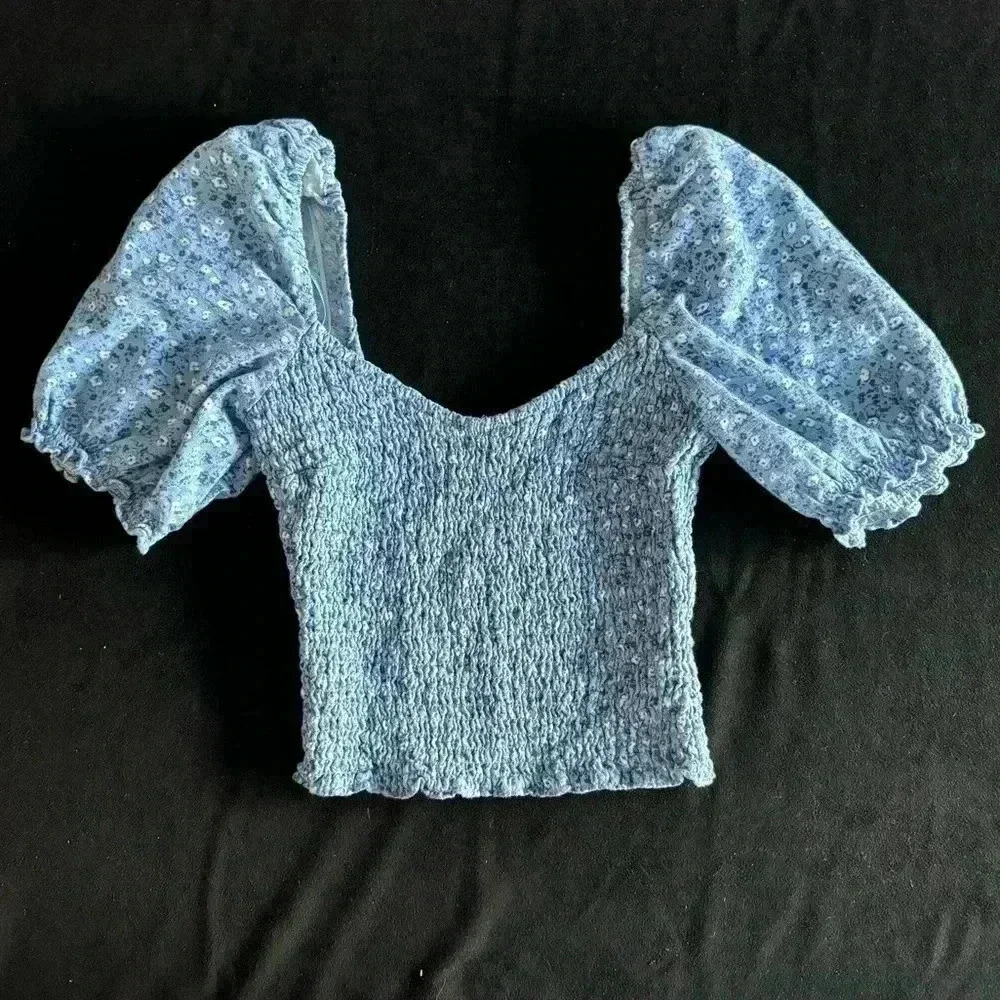 Abercrombie & Fitch Dot Crop Puff Sleeve Blue Top Size XS